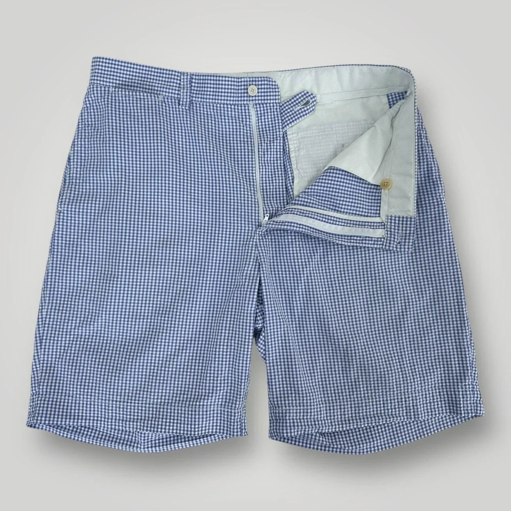 Polo Ralph Lauren Gingham‎ Shorts Mens 36 Blue White Cotton Chino Flat Front